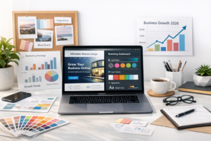 Business owner planning 2026 goals with a laptop and branding notes, symbolising new year momentum for website and brand upgrades.