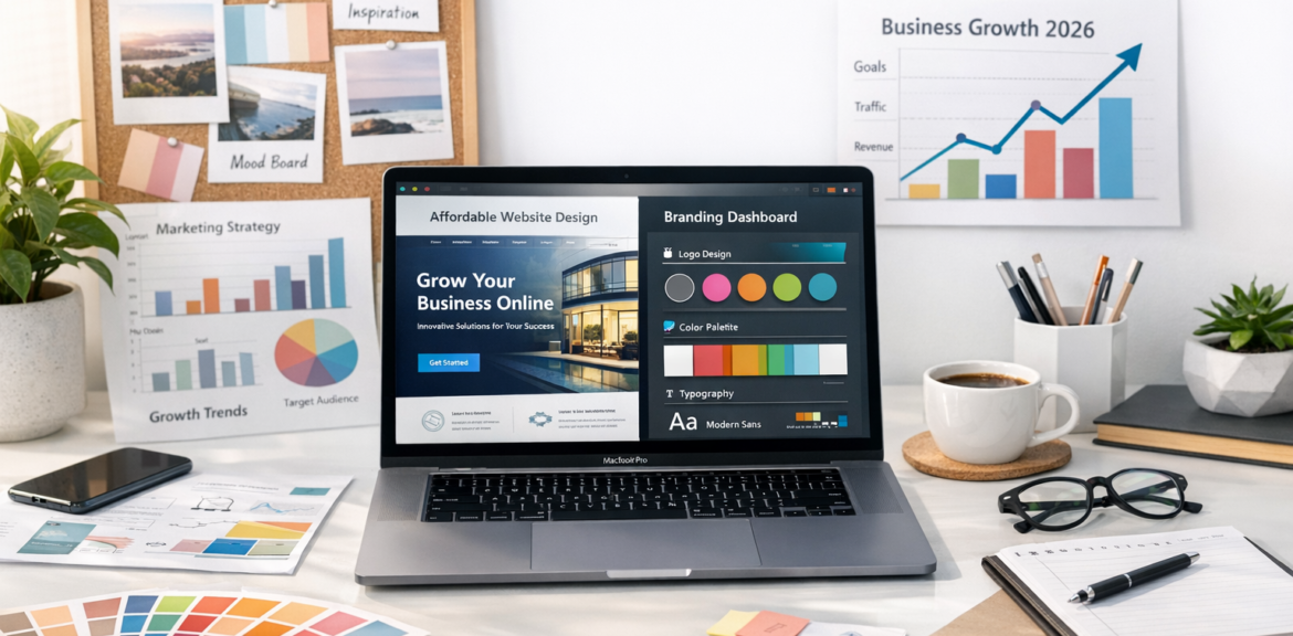 Modern workspace with laptop showing website design and branding tools, representing affordable website design Melbourne for 2026 business growth. affordable website design Melbourne
